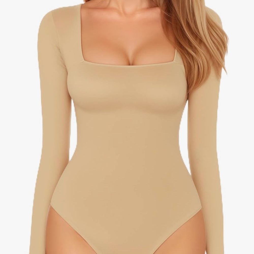 MANGOPOP Women’s Long Sleeve Square Neck Beige Bodysuit